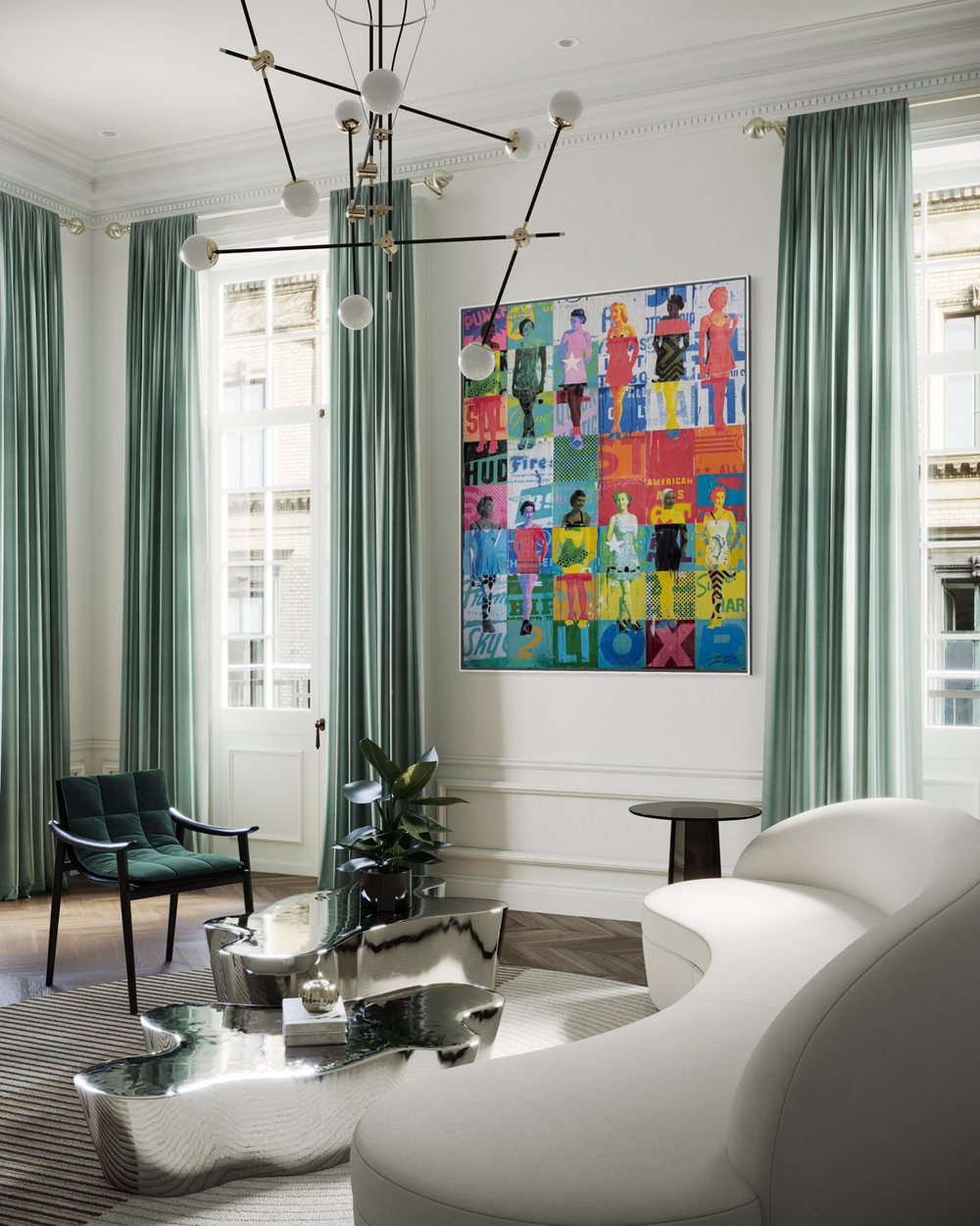 Swimsuits and Heels by Jon Davenport — in-situ installation view of Neo-Pop mixed media painting displayed on a wall in an elegant living room with tall curtained windows