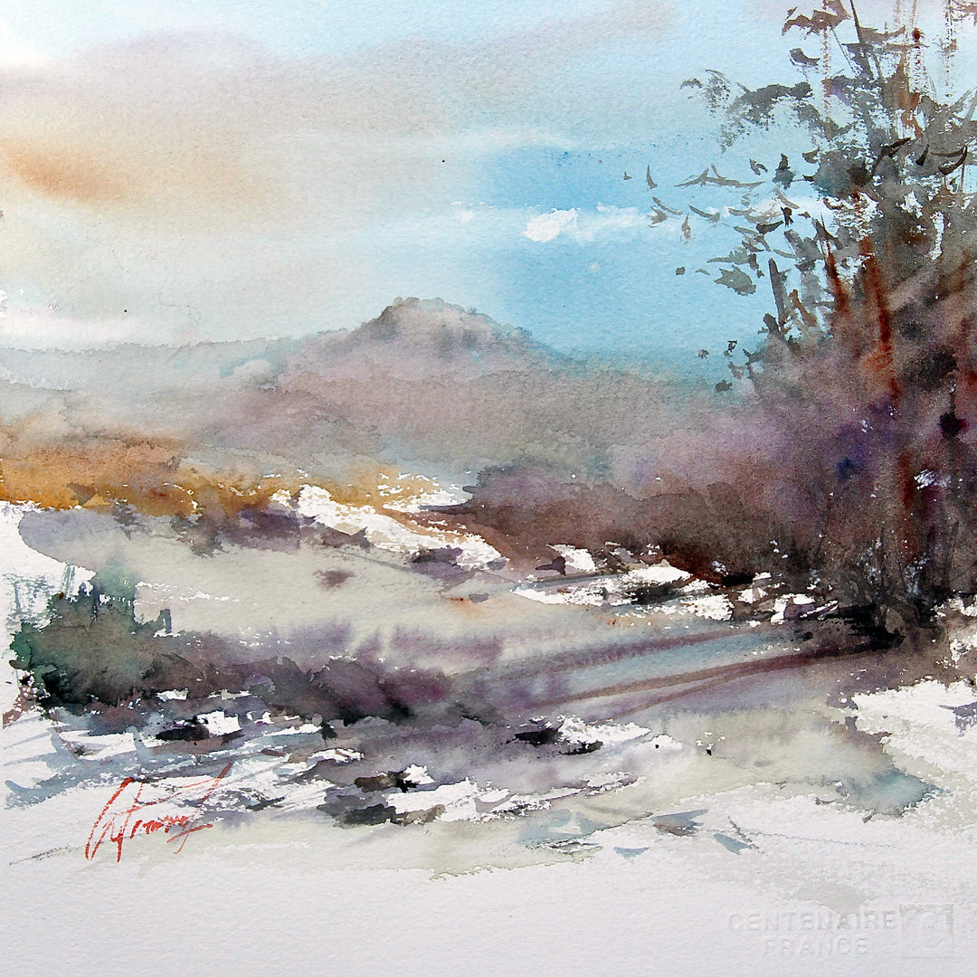 washy watercolor painting of a mountain with trees in blue purple yellow and browns