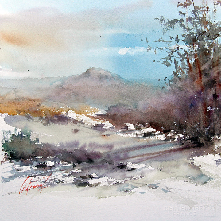 washy watercolor painting of a mountain with trees in blue purple yellow and browns