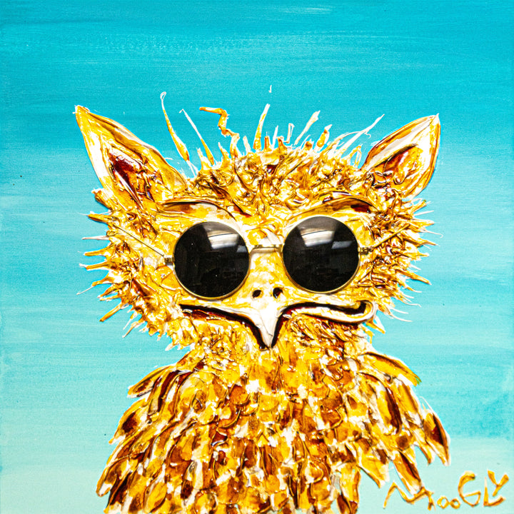 expressionistic textured owl with collage sunglasses in yellow on blue background
