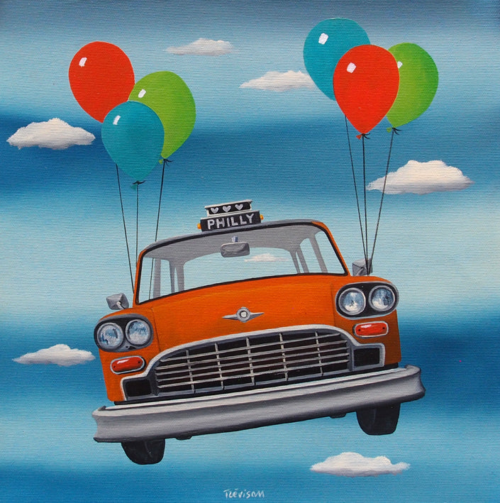 "Taxi" by Italian artist Carlo Trevisan — a surrealist oil painting on canvas depicting a vintage orange Philadelphia taxi cab floating through a blue sky, lifted by six colorful balloons in red, green, and teal. The cab&