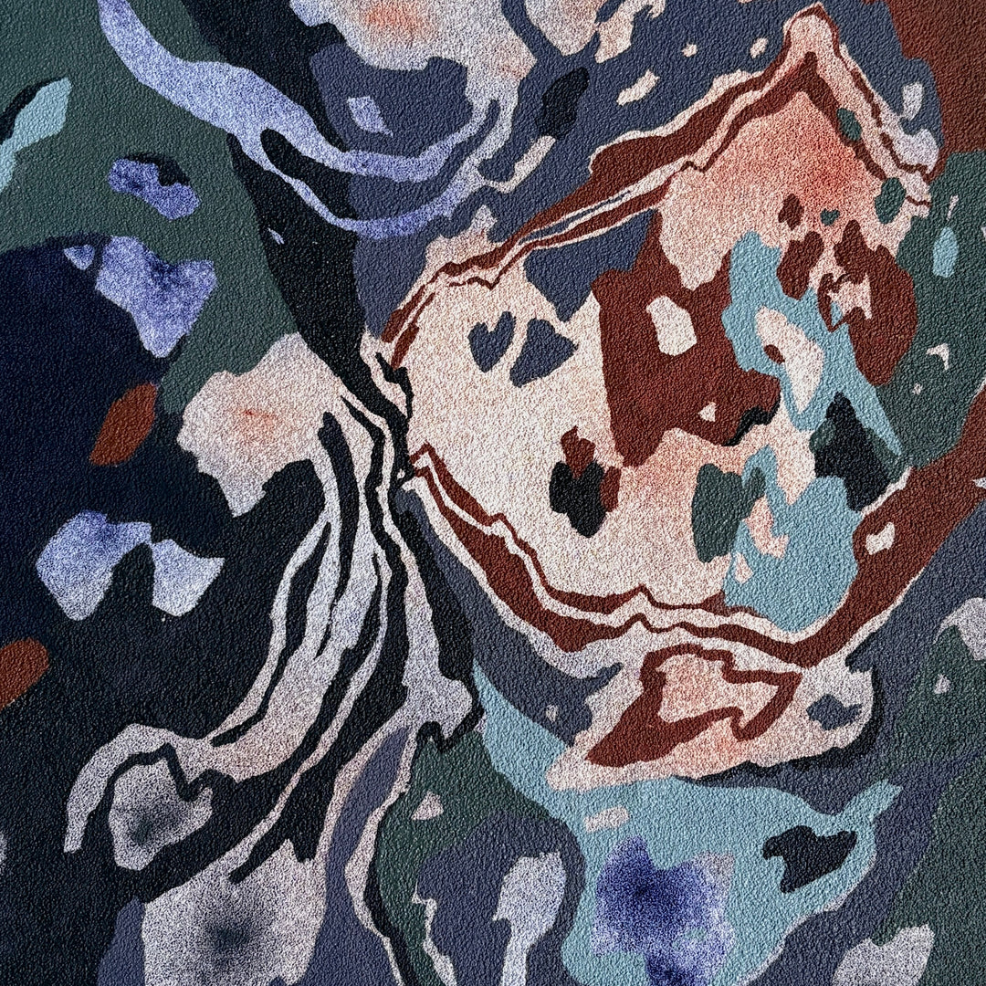 Organic pumice primed canvas painting in oil natural shapes textures abstracted negative space line weight gradient of color blues greens and browns 