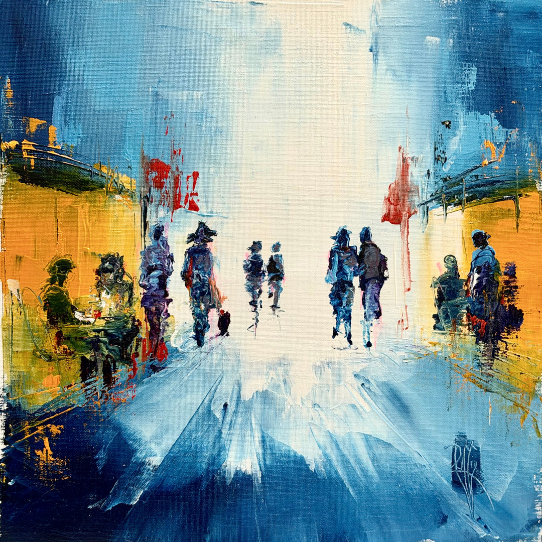 Christian Raffin, Tenue de Soirée, oil on canvas, 14 x 14 inches. Small figures walking and seated at café tables on a street with orange-lit buildings against a deep blue background, with light reflecting on the pavement.