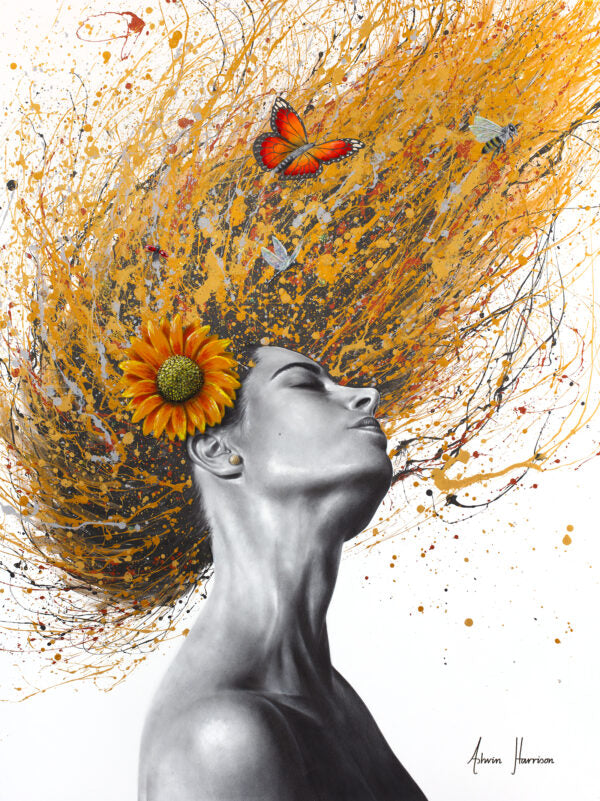 figurative portrait woman flipping hair black and white with range splatter paint hair expressionism with orange flowers and butterflies on white background