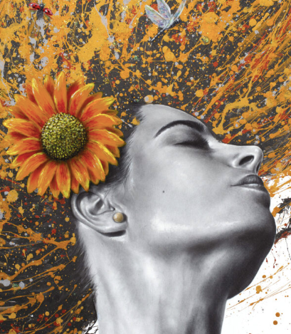 figurative portrait woman flipping hair black and white with range splatter paint hair expressionism with orange flowers and butterflies on white background