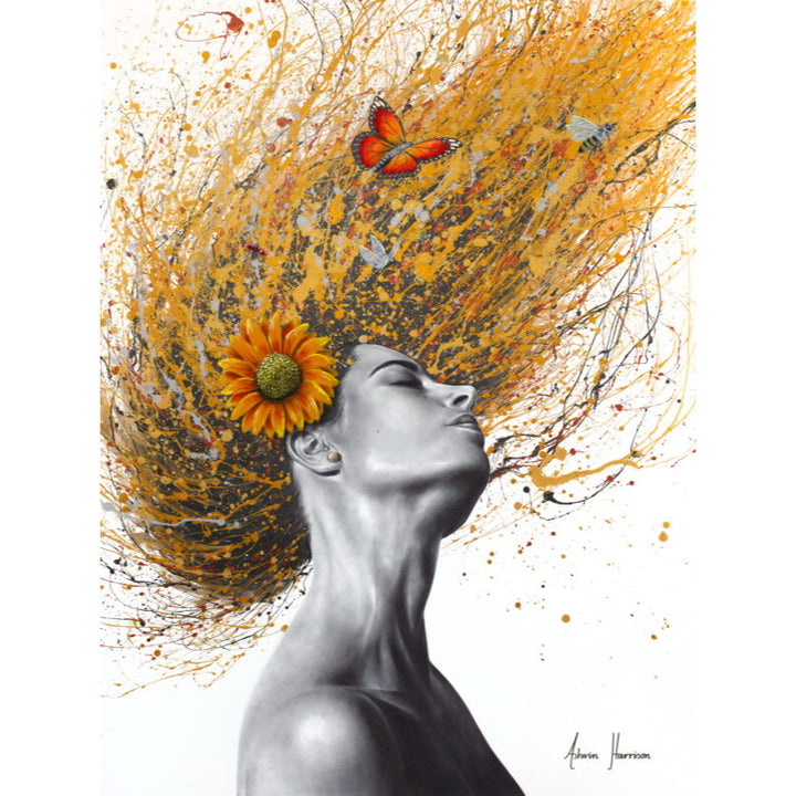 figurative portrait woman flipping hair black and white with range splatter paint hair expressionism with orange flowers and butterflies on white background