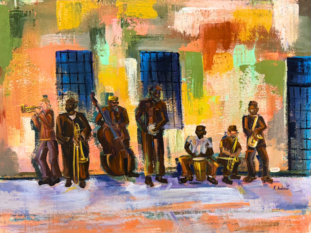 expressionist painting in orange and green with group of prisoner men playing instruments mixed media collage by keith andrews