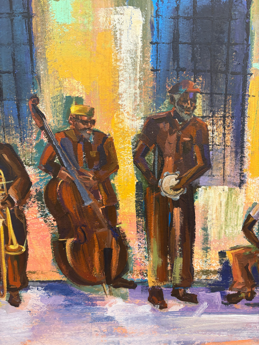 expressionist painting in orange and green with group of prisoner men playing instruments mixed media collage by keith andrews
