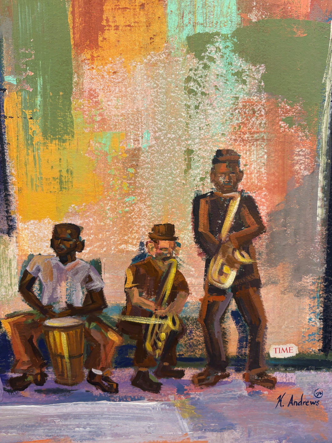 expressionist painting in orange and green with group of prisoner men playing instruments mixed media collage by keith andrews