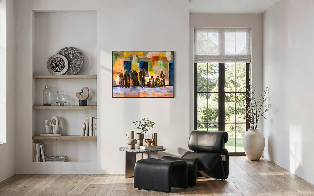 expressionist painting in orange and green with group of prisoner men playing instruments mixed media collage by keith andrews