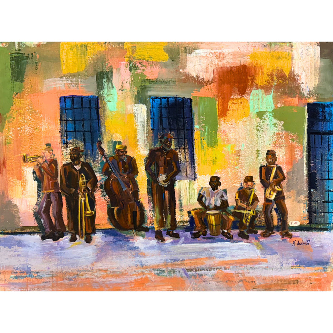 expressionist painting in orange and green with group of prisoner men playing instruments mixed media collage by keith andrews
