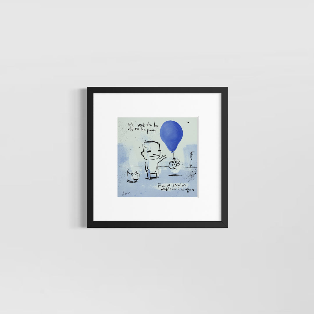 Comic doodle illustration in ink with blue eyes white background line drawing figures funny humor balloons dog