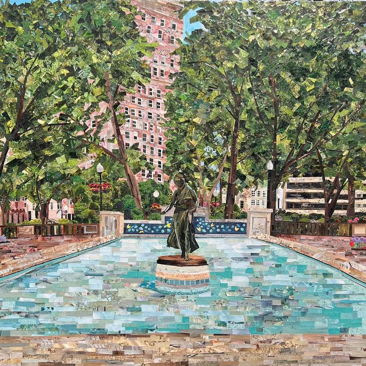 cut paper collage magazine mixed media acrylic landscape painting statue fountain rittenhouse square park philadelphia