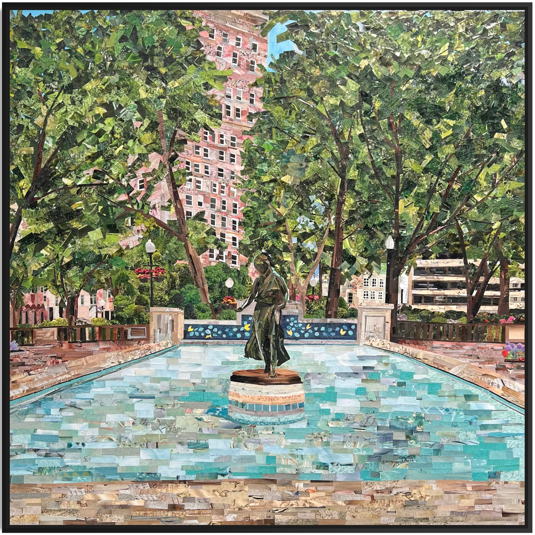 cut paper collage magazine mixed media acrylic landscape painting statue fountain rittenhouse square park philadelphia