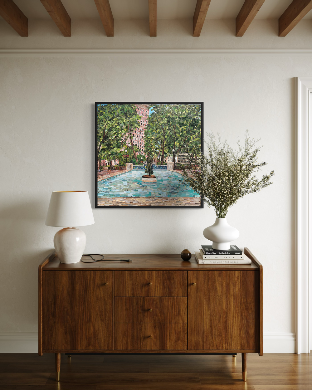 cut paper collage magazine mixed media acrylic landscape painting statue fountain rittenhouse square park philadelphia
