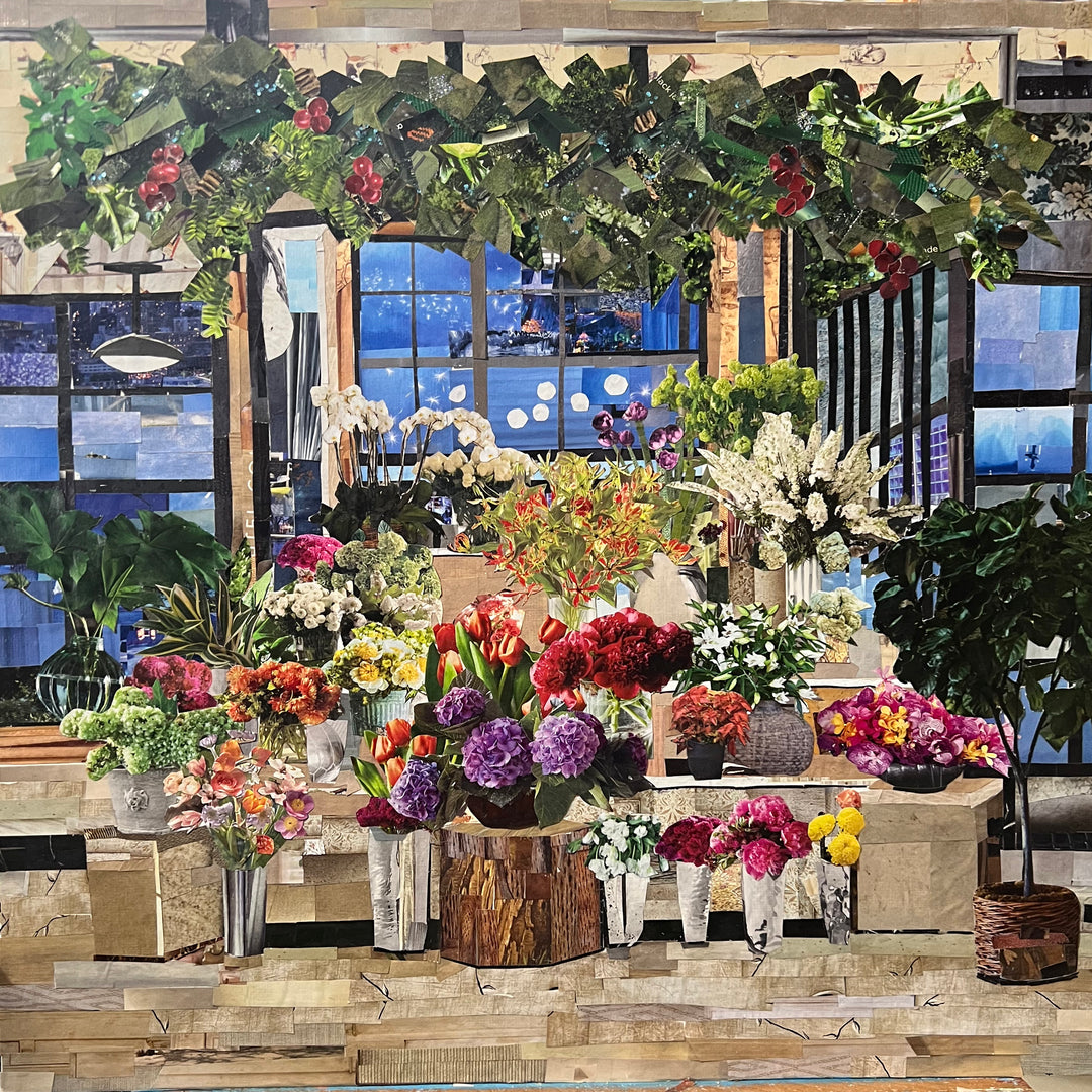magazine cut paper collage art floral bouquets leaves in pinks purples and greens inside flower shop window
