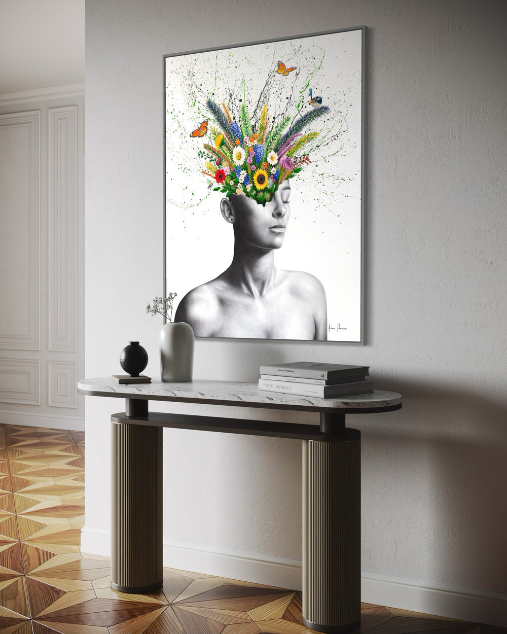 black and white woman figure face shattered with plants flowers and butterflies and bird growing and coming out of head splatter paint in background on white background