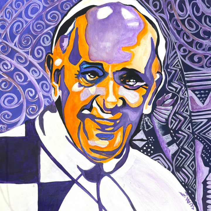 Pope Francis pop art figurative portrait in orange white and purple with decorative pattern swirls in background