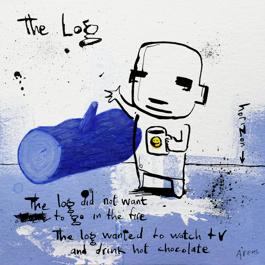 doodle figure holding a mug in black ink on paper with text and drawing of a log with a blue and white background by jan-hein arens