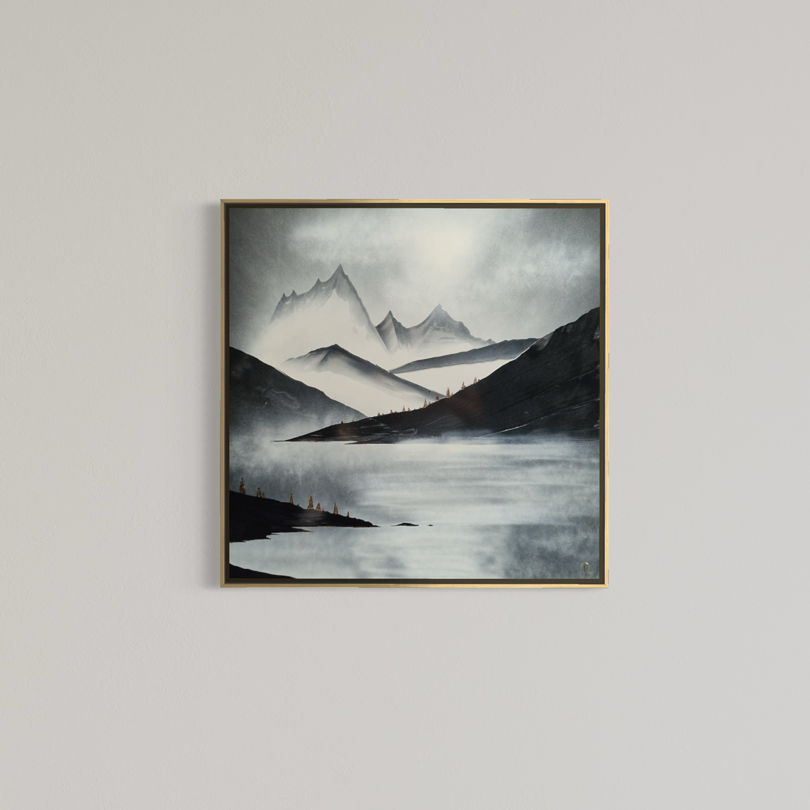 Julien Rey, The Nature, lacquer and gold leaf on board, 31 x 31 inches, framed in a thin gold frame and displayed on a plain wall.