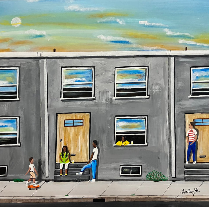 Outdoor urban landscape scene sky blue people hanging outside in acrylic paint