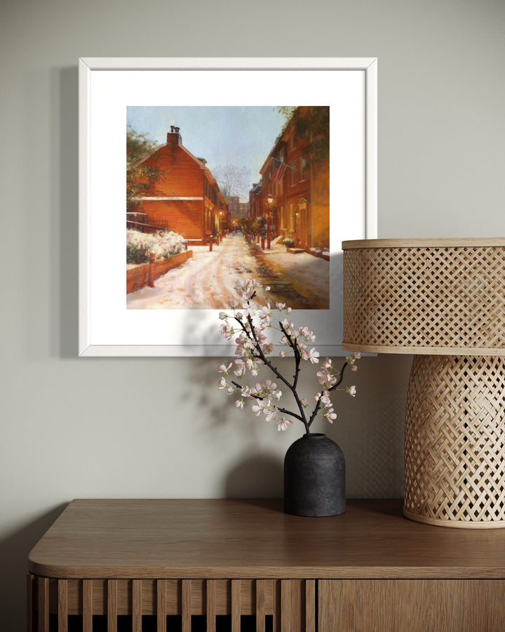 Golden glowing homes at night alley way with snow and light posts nature building home landscape in oil paint