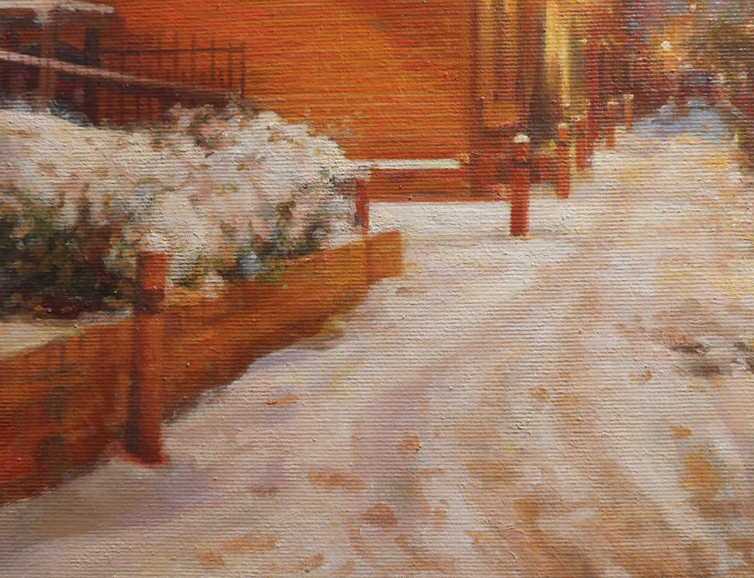 Golden glowing homes at night alley way with snow and light posts nature building home landscape in oil paint