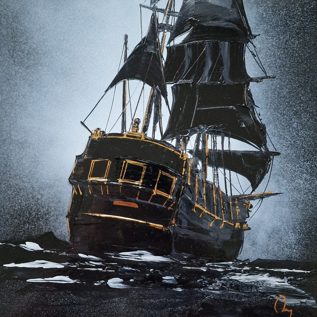 "The Voyager" by French artist Julien Rey — a mixed-media painting of a tall ship at sea crafted with Chinese lacquer and gold leaf on canvas. A dramatic black galleon with full sails cuts through dark, churning waters, its hull and rigging accented with luminous gold leaf detailing. A misty silver-gray atmosphere surrounds the vessel, evoking power, adventure, and the open ocean. Original contemporary nautical painting available at Morton Contemporary gallery.