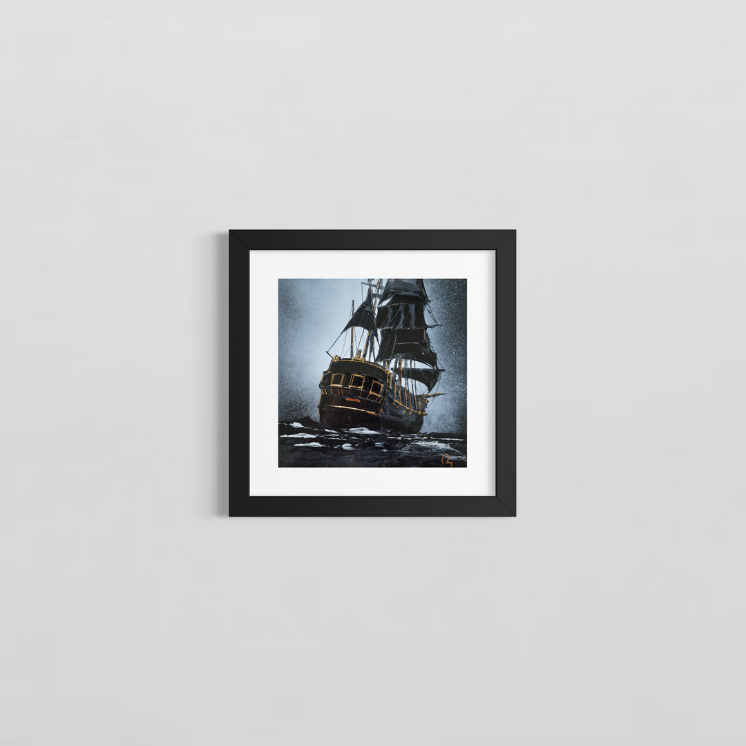 "The Voyager" by French artist Julien Rey — a mixed-media painting of a tall ship at sea crafted with Chinese lacquer and gold leaf on canvas. A dramatic black galleon with full sails cuts through dark, churning waters, its hull and rigging accented with luminous gold leaf detailing. A misty silver-gray atmosphere surrounds the vessel, evoking power, adventure, and the open ocean. Original contemporary nautical painting available at Morton Contemporary gallery.