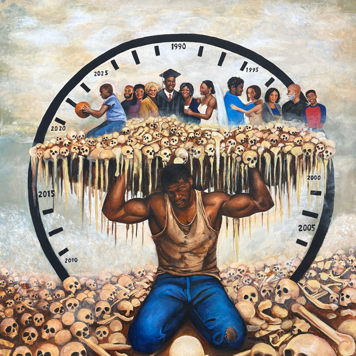 Black man figure carrying heavy skulls symbolism family clock weight of time light colored browns and blue