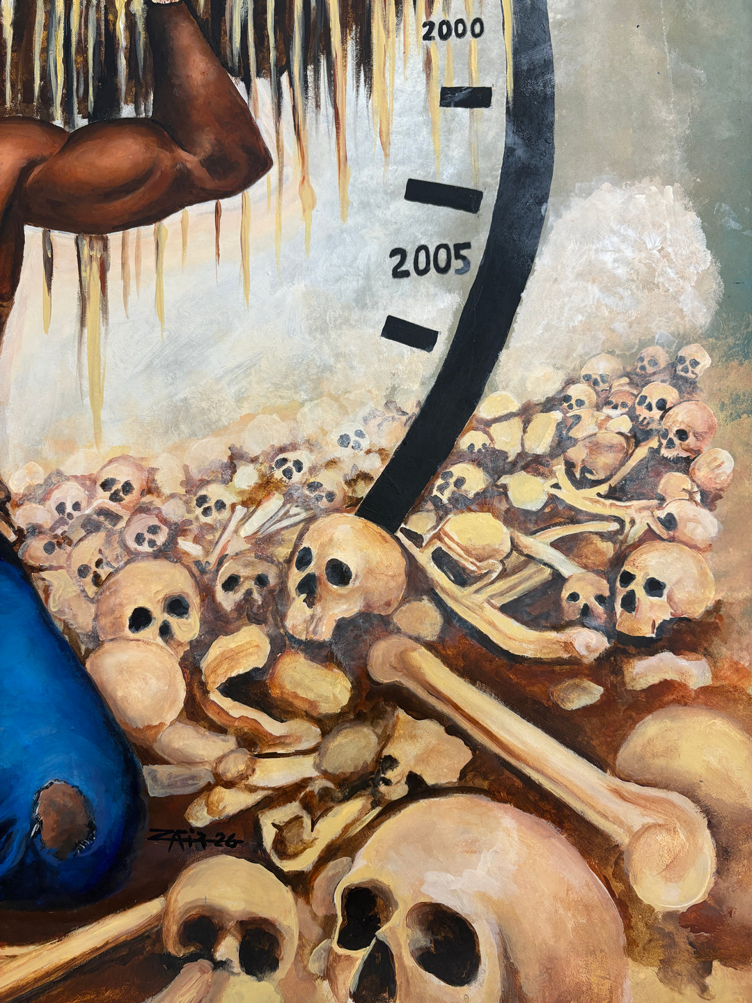 Black man figure carrying heavy skulls symbolism family clock weight of time light colored browns and blue