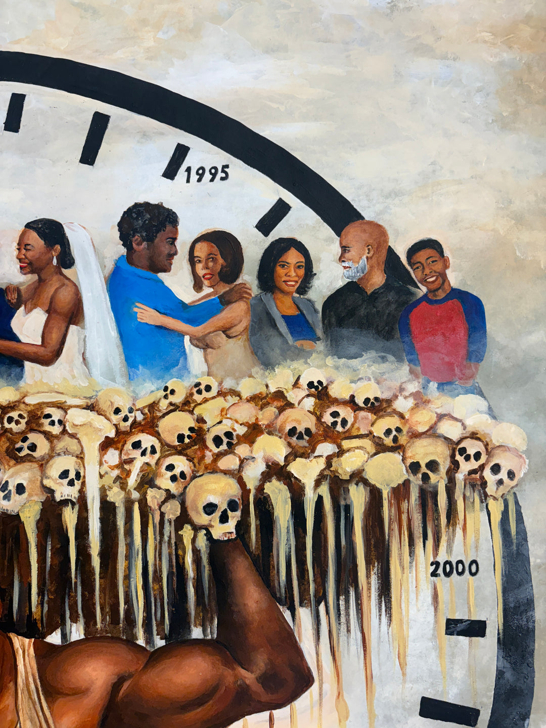 Black man figure carrying heavy skulls symbolism family clock weight of time light colored browns and blue