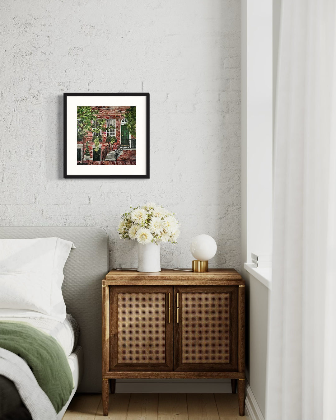 14 x 14" original artwork in a 17" white window matting collage of a red brick home on a Philly street. 