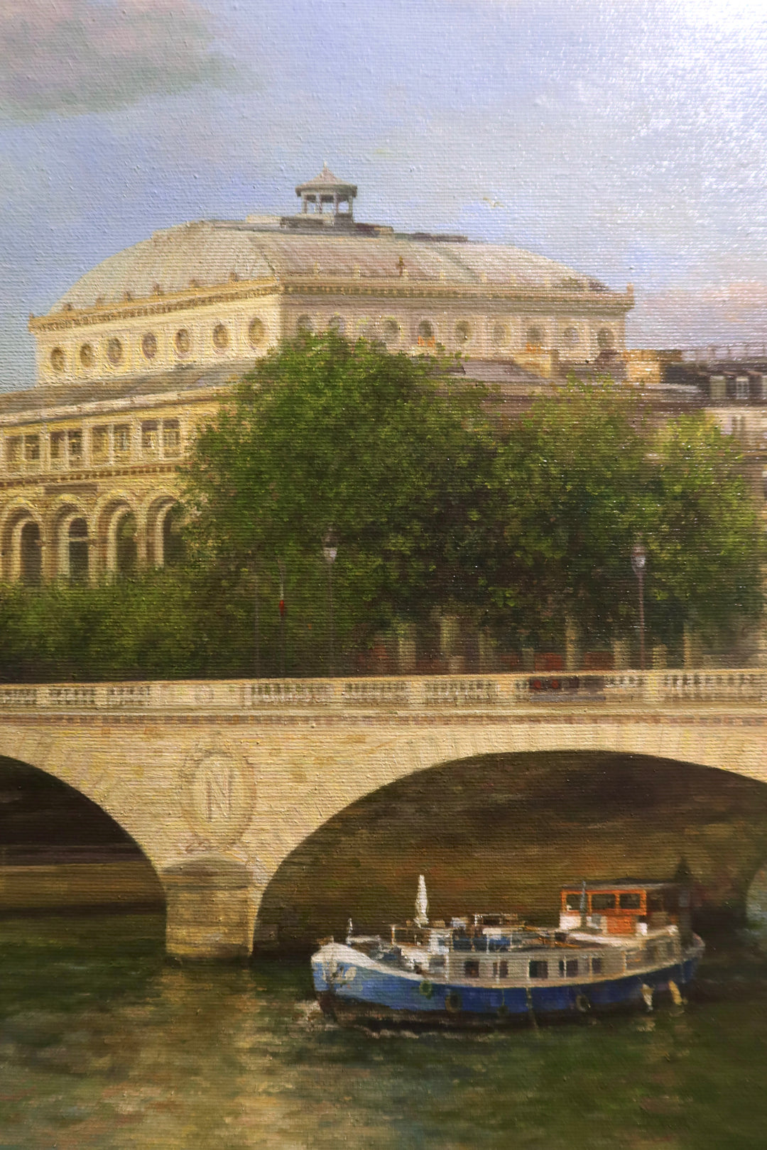 brown stone building with stone arc bridge over water canal and boat with green trees on muted blue sky landscape oil paintings paris scenery 