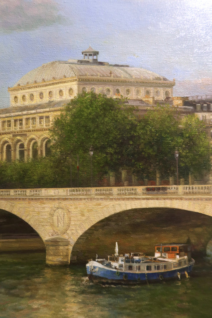 brown stone building with stone arc bridge over water canal and boat with green trees on muted blue sky landscape oil paintings paris scenery 