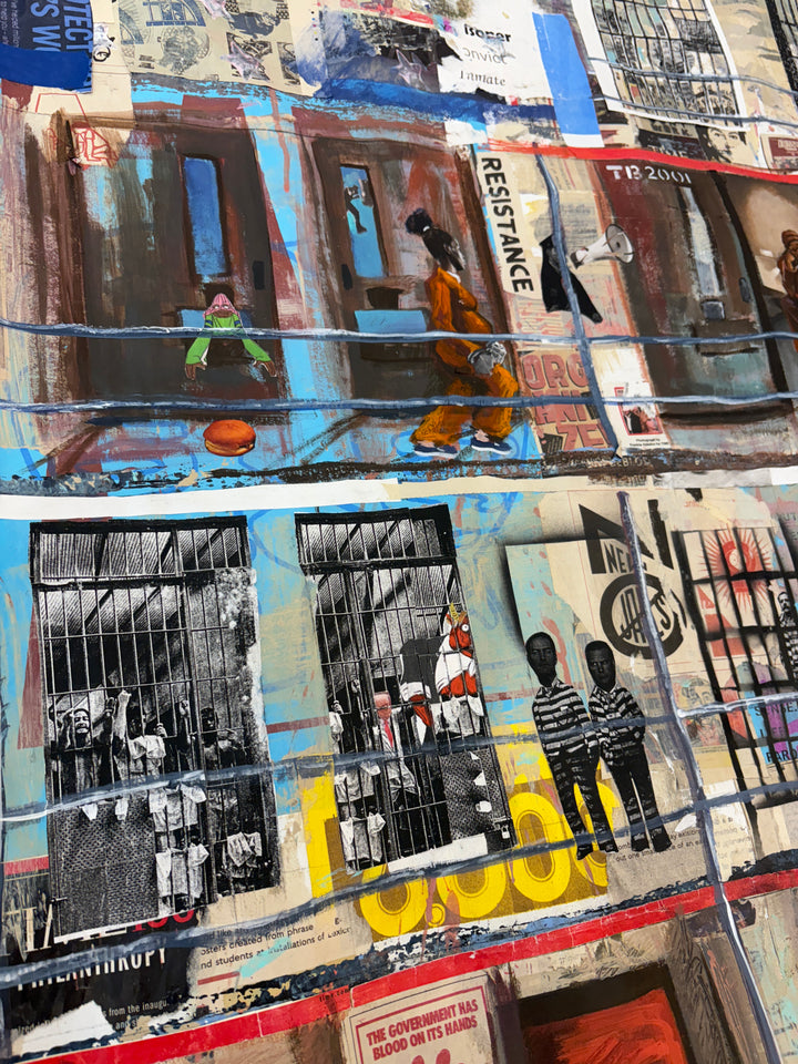 magazine paper clipping collage cell block prison mixed media collage textured painting by keith andrews