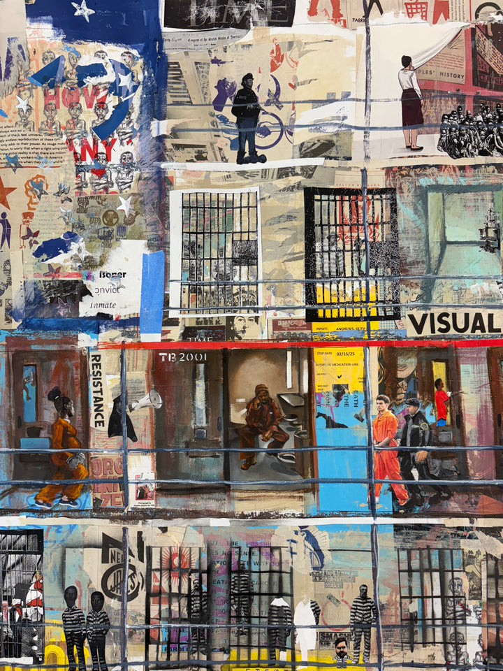 magazine paper clipping collage cell block prison mixed media collage textured painting by keith andrews