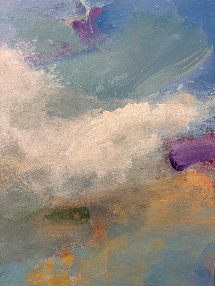 abstract expressionist landscape in natural colors blues greens and yellows clouds and red line