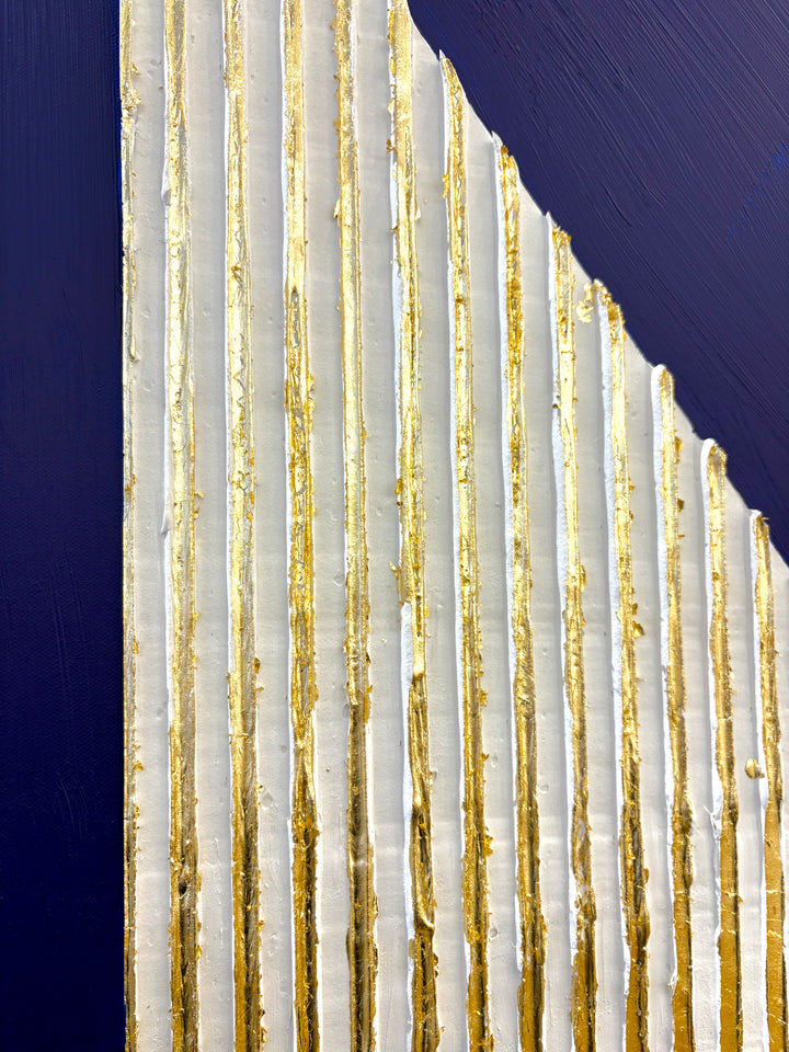 minimal geometric abstract sculptural work with joint compound texture dimension white rigid triangle with gold leaf detail on blue background
