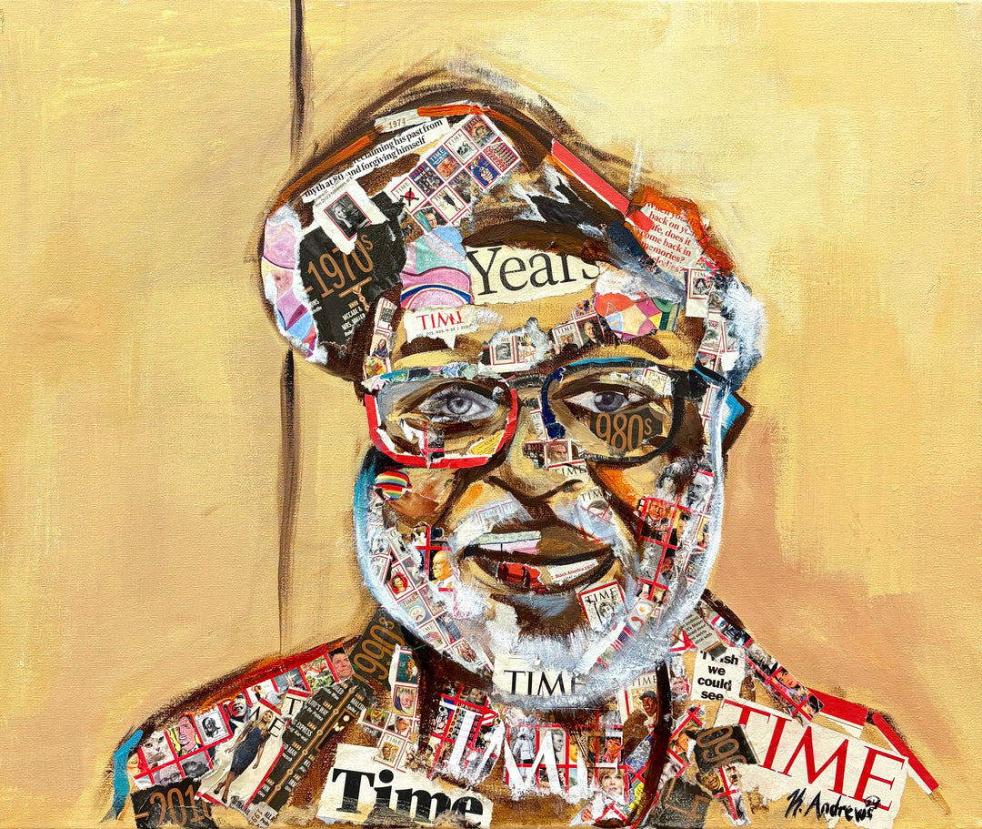 man portrait face with glasses mixed media collage magazine paper cut out acrylic paint by Keith Andrews
