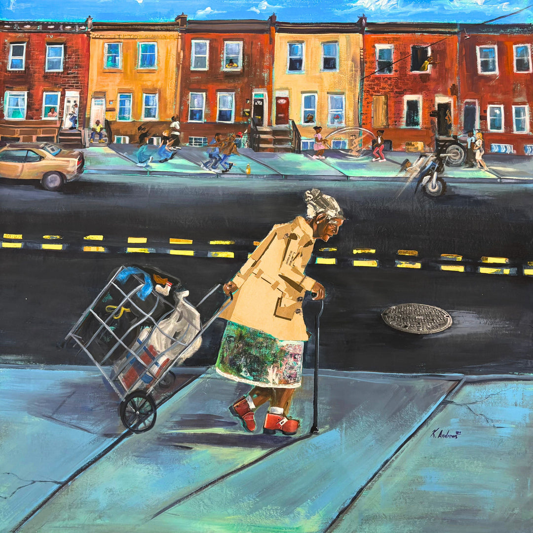 elderly woman figure pushing shopping cart urban philadelphia landscape city sidewalk collage mixed media by keith andrews
