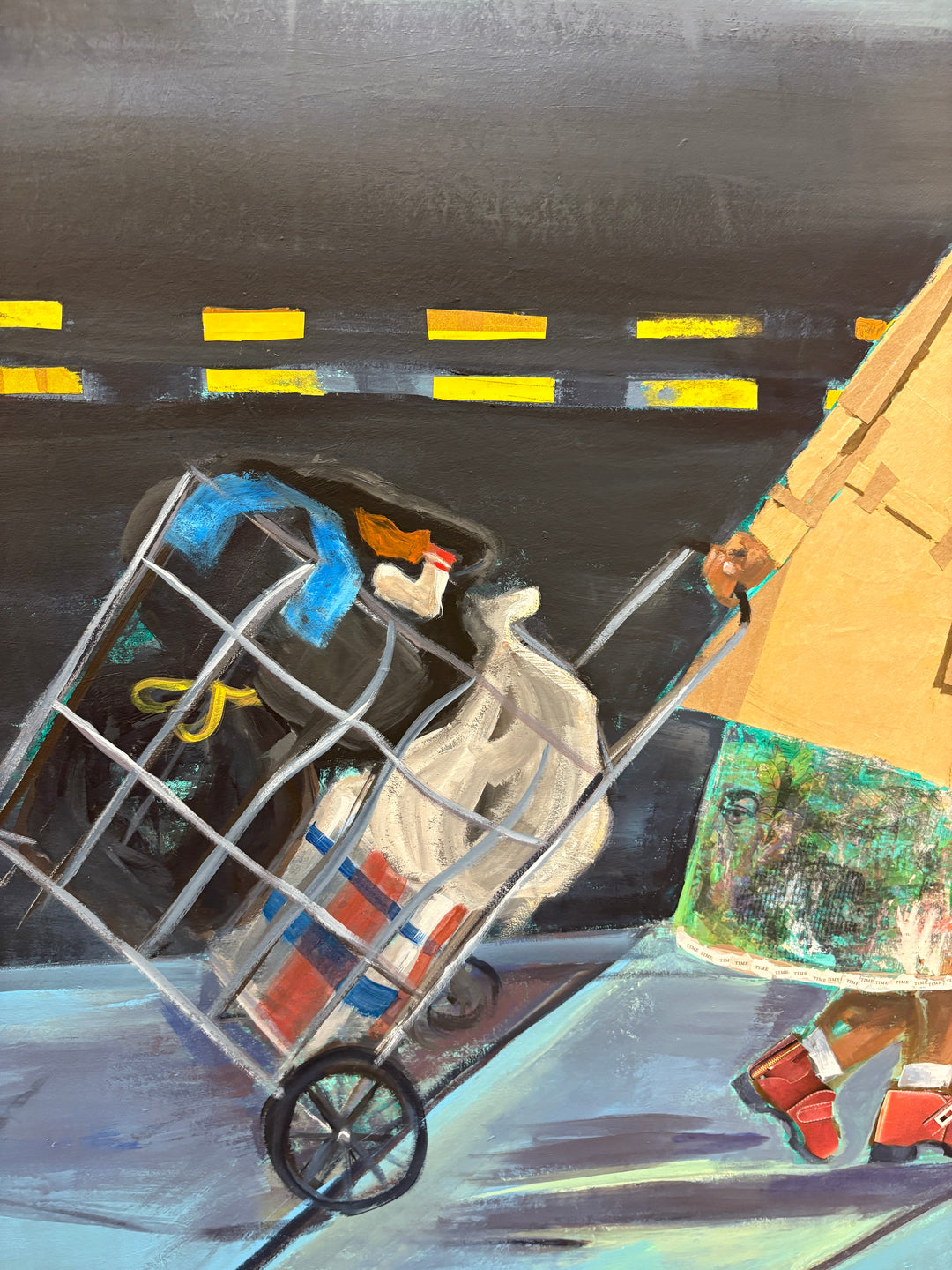 elderly woman figure pushing shopping cart urban philadelphia landscape city sidewalk collage mixed media by keith andrews