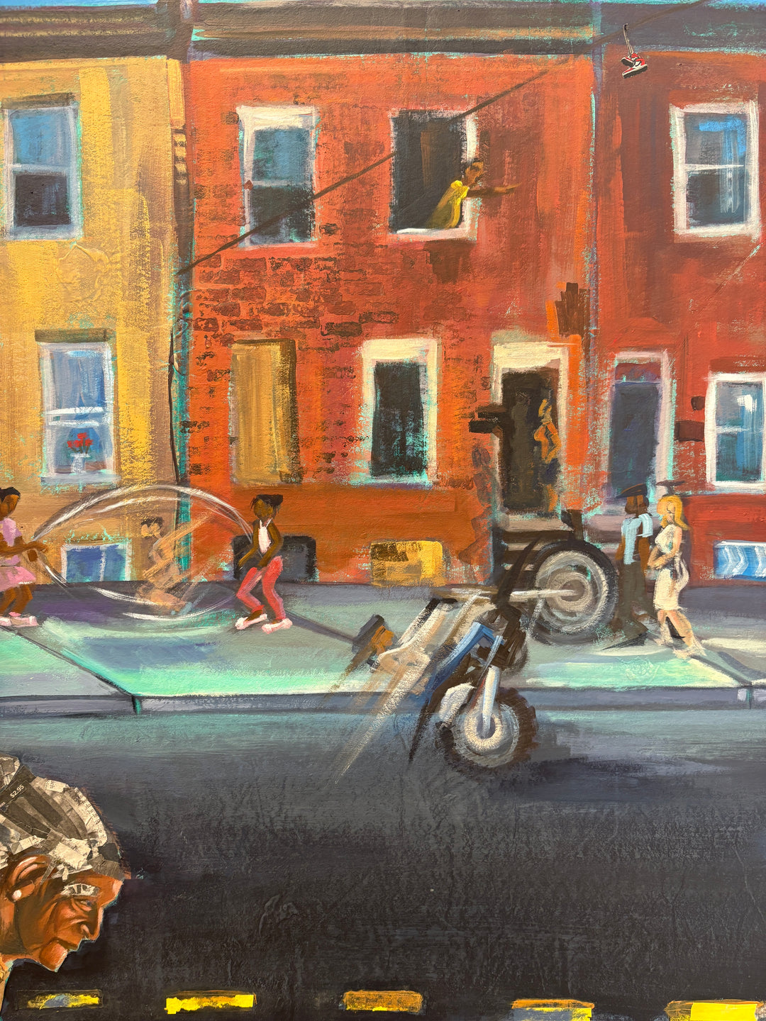 elderly woman figure pushing shopping cart urban philadelphia landscape city sidewalk collage mixed media by keith andrews