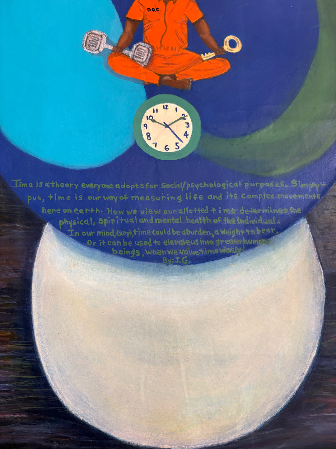 prisoner figure in orange blue and white circles with text and clock on textured wood grain background mixed media 