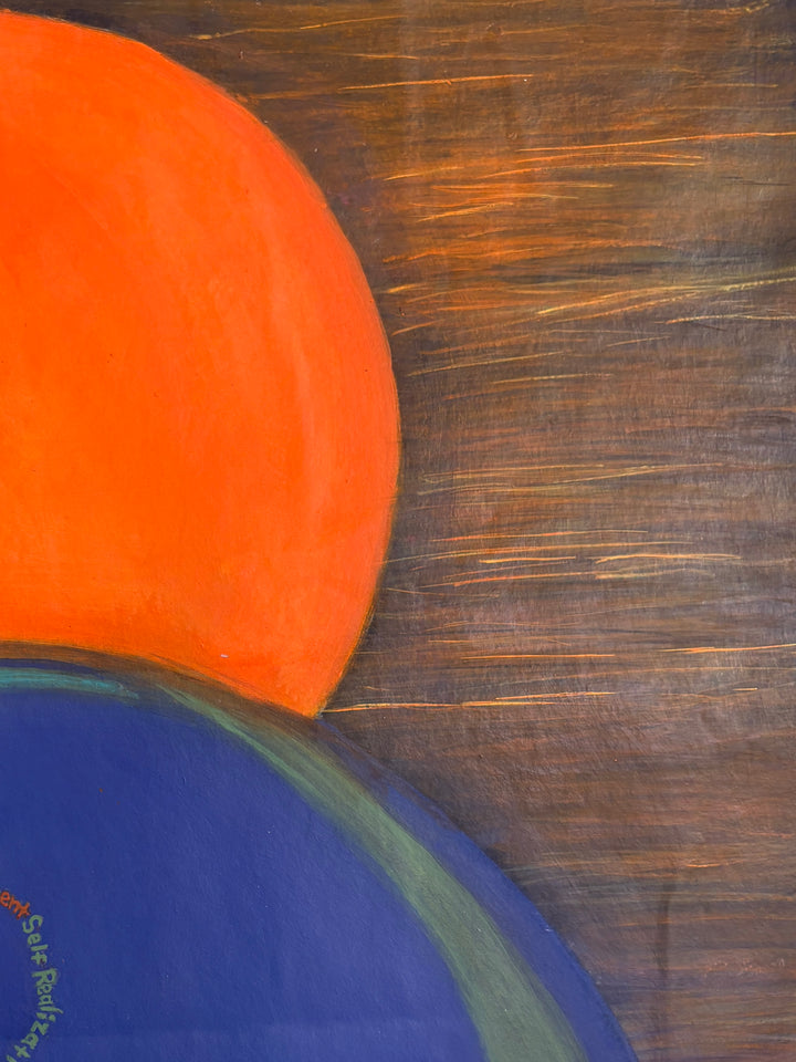 prisoner figure in orange blue and white circles with text and clock on textured wood grain background mixed media 