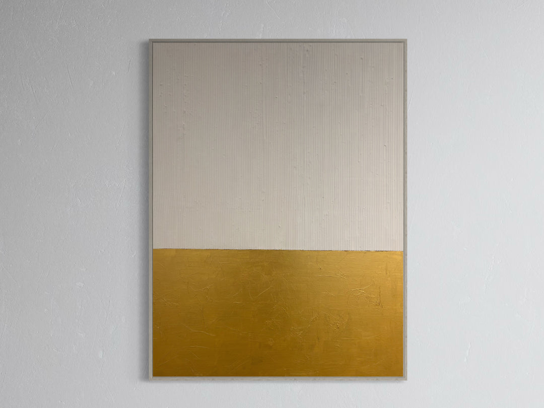 Tone Down by Lee in Cerulean. Split painting of white textured molding paste, and matte gold abstract brush strokes on the bottom.