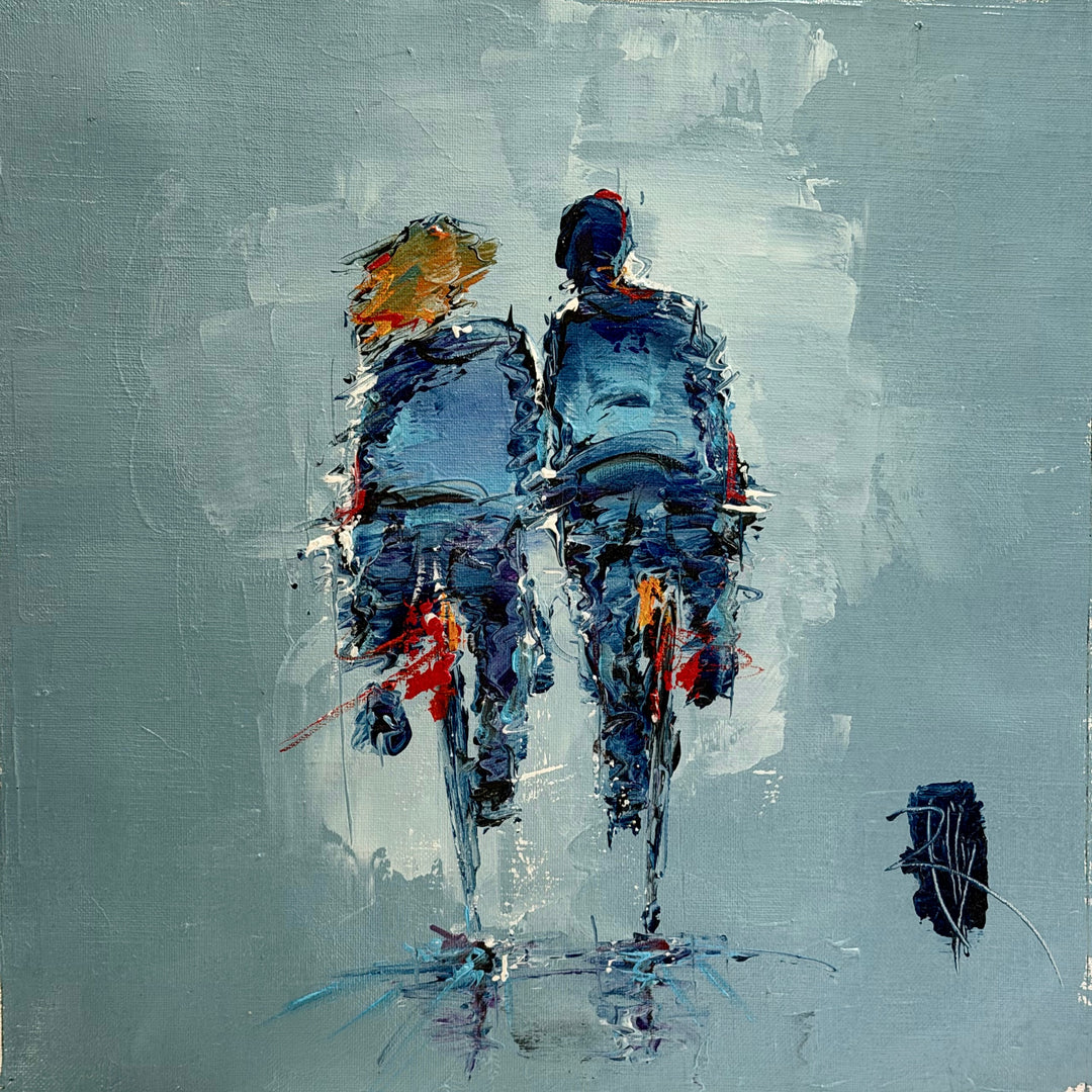 Christian Raffin, Tout Contre Toi, oil on canvas, 14 x 14 inches. Two cyclists in blue seen from behind riding close together side by side against a grey-blue background, one with orange hair.