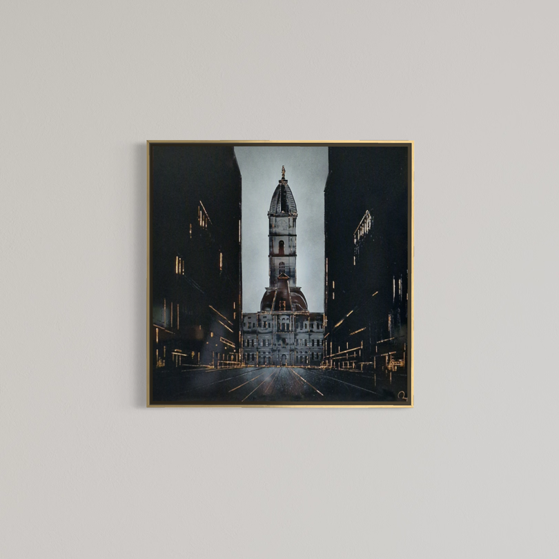 Julien Rey, Town Hall, lacquer and gold leaf on board, 31 x 31 inches, framed in a thin gold frame and displayed on a plain wall.