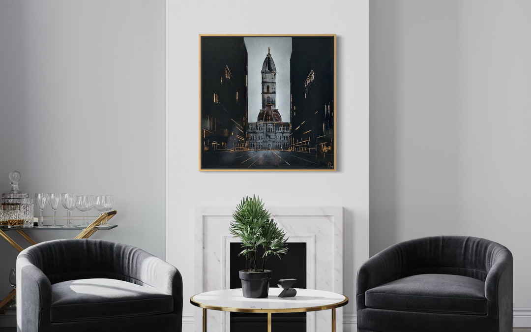 Julien Rey, Town Hall, lacquer and gold leaf on board, 31 x 31 inches, shown framed above a marble mantel with a potted plant, flanked by two dark grey velvet chairs and a bar cart.