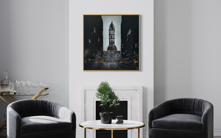 Julien Rey, Town Hall, lacquer and gold leaf on board, 31 x 31 inches, shown framed above a marble mantel with a potted plant, flanked by two dark grey velvet chairs and a bar cart.